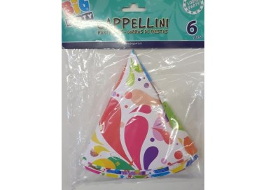 CAPPELLINI A CONO con elastico Colorati Festa - Confez. 6 pezzi - Diam. 15 cm x H 16 cm - Cartoncino Rigido - Big Party