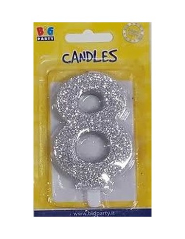 Candelina di cera  8 cm numero 8 di colore argento  con brillantini incorporati   pz 1