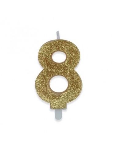 Candelina di cera  8 cm numero 8 di colore Oro  con brillantini incorporati   pz 1