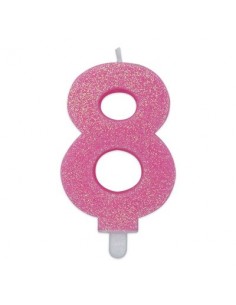 Candelina di cera  8 cm numero 8 di colore rosa   con brillantini incorporati   pz 1