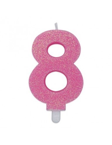 Candelina di cera  8 cm numero 8 di colore rosa   con brillantini incorporati   pz 1