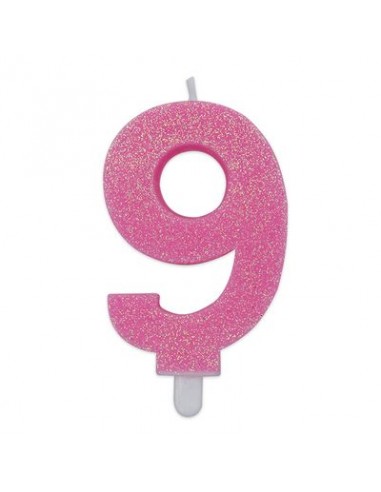 Candelina di cera  8 cm numero 9 di colore rosa   con brillantini incorporati   pz 1