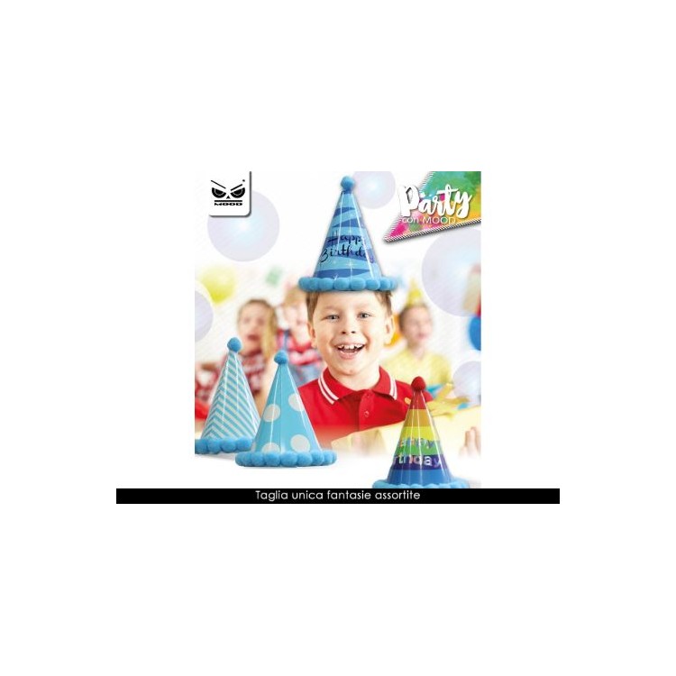 CAPPELLINO A CONO con elastico  con scritto (HAPPY BIRTHDAY) - 1 pez.  - Diam. 15 cm x H 19 cm - Cartoncino Rigido