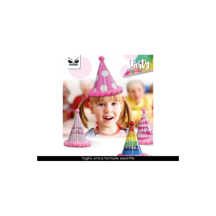 CAPPELLINO A CONO con elastico  con scritto (HAPPY BIRTHDAY) - 1 pez.  - Diam. 15 cm x H 19 cm - Cartoncino Rigido