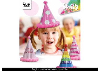 CAPPELLINO A CONO con elastico  con scritto (HAPPY BIRTHDAY) - 1 pez.  - Diam. 15 cm x H 19 cm - Cartoncino Rigido