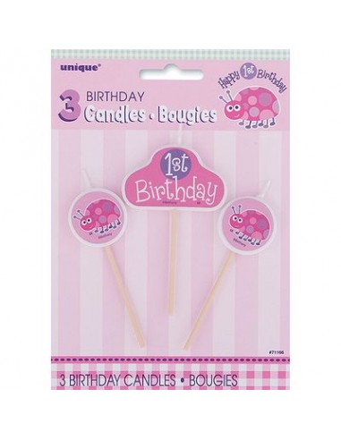 Kit 3 Candeline  di cera  tema coccinella 1° Compleanno  di Colore rosa fucsia e lilla 3,5 Cm pz 1