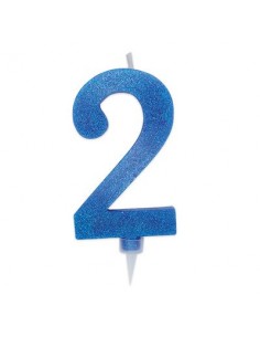 Maxy  Candelina di cera  numero 2 di colore Blù con brillantini incorporati  14 Cm  pz 1