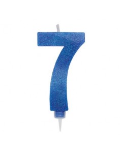 Maxy  Candelina di cera  numero 7 di colore Blù con brillantini incorporati  14 Cm  pz 1
