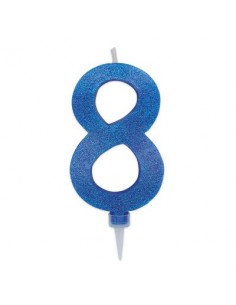 Maxy  Candelina di cera  numero 8 di colore Blù con brillantini incorporati  14 Cm  pz 1