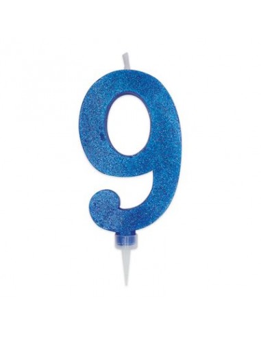 Maxy  Candelina di cera  numero 9 di colore Blù con brillantini incorporati  14 Cm  pz 1