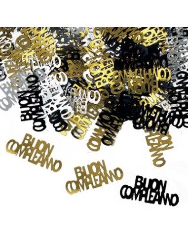 Confetti da Tavolo Buon Compleanno  Colori Argento ,Oro, e nero  - 15 g  misura scritta: 3, 5 cm