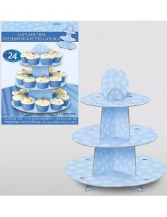 Alzata per 24 Cupcakes celeste a pois  - 3 ripiani in cartone - Unique