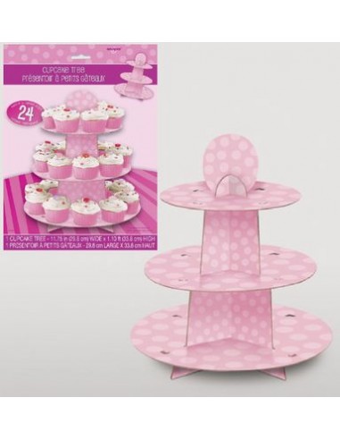 Alzata per 24 Cupcakes rosa  a pois  - 3 ripiani in cartone - Unique