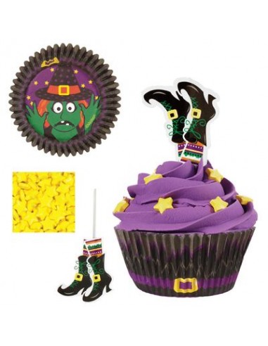 PIROTTINI muffin / cupcakes Halloween 24 PZ (diam 5 cm x 3 cm H) + 24 PICKS scarpe strega halloween + STELLINE gialle di zuccher