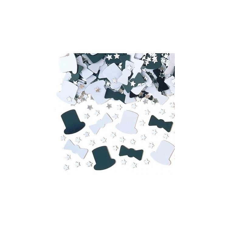 Confetti da Tavolo a forma di cilindri, fiocchi e stelline - Colore: bianco, nero e argento - Confezione da 14 g - Amscan