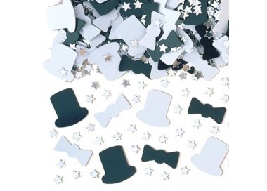 Confetti da Tavolo a forma di cilindri, fiocchi e stelline - Colore: bianco, nero e argento - Confezione da 14 g - Amscan