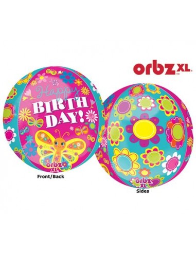 Palloncino Compleanno a sfera Happy Birthday con farfalle e fiori Orbz Anagram - 38 cm x 40 cm - 1 pz