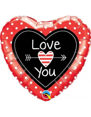 Palloncino Cuore  effetto lavagna con scritto I Love You con bordo rosso a pois bianchi  - Anagram - 17 / 43 cm - 1 pz