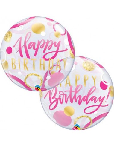 Palloncino Happy Birthday fucsia e oro Bubbles Qualatex (Nuovo) - 22/ 56 cm - 1 pezzo