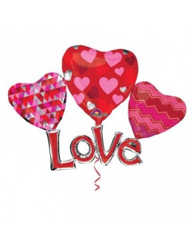 Palloncino Love Tre Cuori attaccati + scritta Love - Multi-Balloon - Anagram - 147 cm x 104 cm - 1 pz