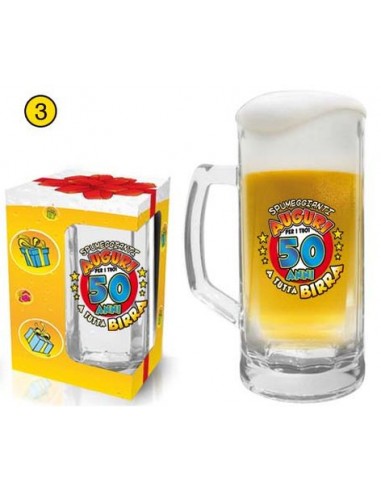  Bicchiere/Boccale con manico per la birra  50 anni - 1 pezzo - in vetro- con stampa Auguri per i tuoi 50 a tutta birra