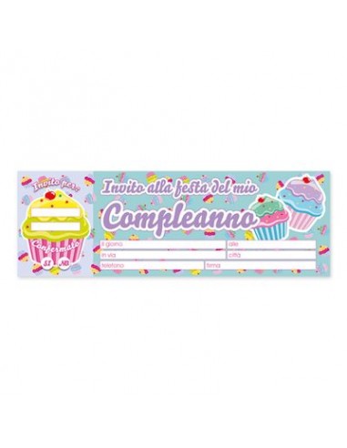 Biglietti Inviti Compleanno Cupcake Generici  (Nuovo) - Blocchetto da 20  inviti - L 22,5 cm x H 8 cm - 1 pezzo