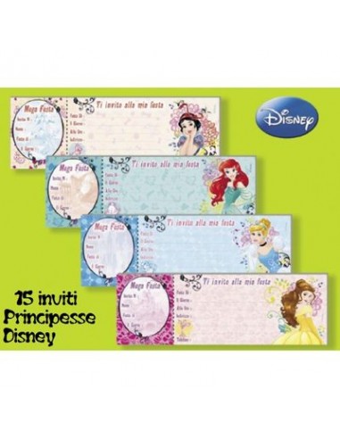 Biglietti Inviti Compleanno Principesse Disney (Nuovo) - Blocchetto da 15 inviti - L 23 cm x H 8 cm - 1 pezzo