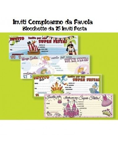 Biglietti Inviti da Favola per Compleanno (Nuovo) - Blocchetto da 15 inviti - L 22,5 cm x H 8 cm - 1 pezzo