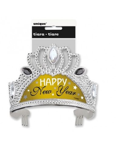 Corona / Tiara Happy New Year per Capodanno - 1 pezzo - plastica - color argento e oro - Unique