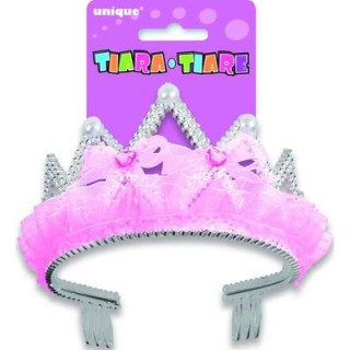 Coroncina (diadema o tiara) da Principessa color argento con fiocchi rosa e perle bianche - 1 pezzo - plastica - Unique