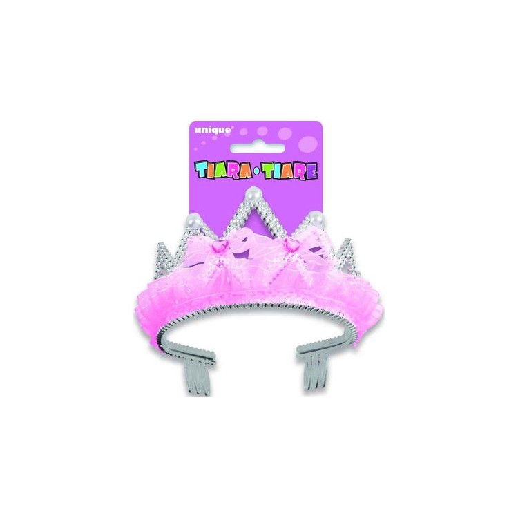 Coroncina (diadema o tiara) da Principessa color argento con fiocchi rosa e perle bianche - 1 pezzo - plastica - Unique