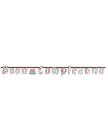 Festone Buon  Compleanno  Marrone,fucsia  , verde Tiffany  e bianco  - L 230 x 23 cm H - Party & Co -  1 pz