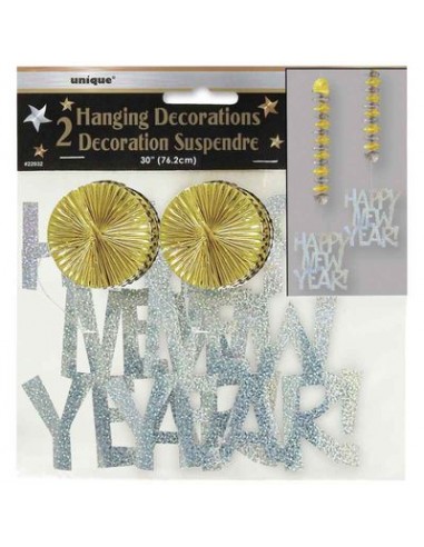 Festone filare a sospendere  HAPPY NEW YEAR!  per CAPODANNO - 2 filari con aspirali oro e argento prismatici e scritta HAPPY NEW