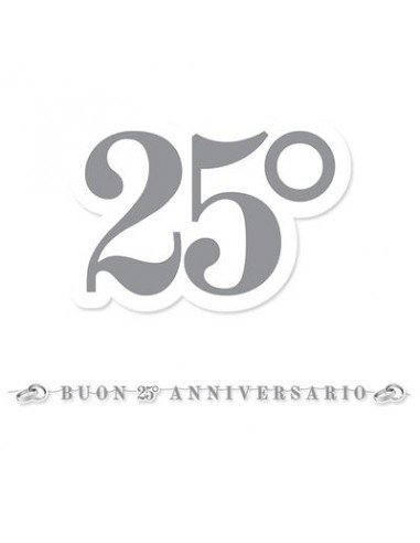 Festone Maxi  25° Anniversario di Matrimonio con scritto (BUON 25° ANNIVERSARIO)  argento e bianco  - L 6 metri x 24 cm H - 1 pz