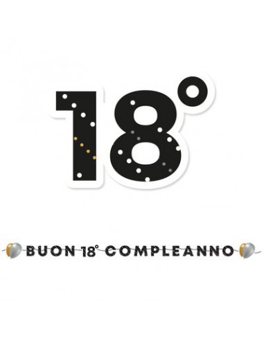 Festone Maxi  Buon Compleanno 18 Anni Nero e bianco a pois - L 6 metri x 24 cm H - 1 pz