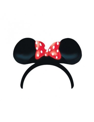 Kit 4 Cerchietti Orecchie Minnie Disney per Compleanno - 4 pezzi - plastica e cartoncino - color nero con fiocco rosso a pois bi