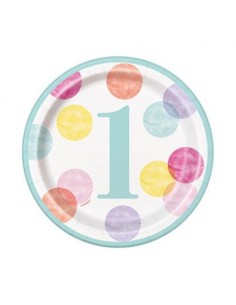 Piatti Piccoli  Primo Compleanno Bimba (Nuovo) - tiffany e bianco - Diam. 17,1 cm - Confez. 8 pezzi - Unique