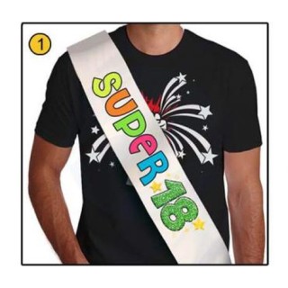 FASCIA FLUO GLITTER del " SUPER 18ENNE" per Compleanno - Lunghezza 96 cm x 11 cm larghezza - Unisex - fascia in poliestere - 1 