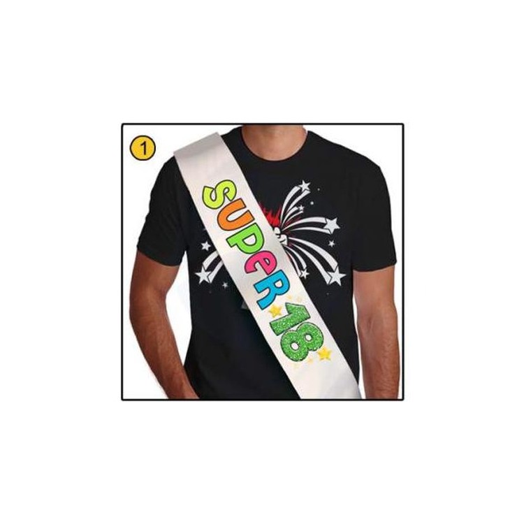 FASCIA FLUO GLITTER del " SUPER 18ENNE" per Compleanno - Lunghezza 96 cm x 11 cm larghezza - Unisex - fascia in poliestere - 1 