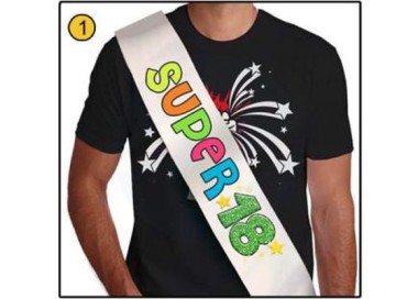 FASCIA FLUO GLITTER del " SUPER 18ENNE" per Compleanno - Lunghezza 96 cm x 11 cm larghezza - Unisex - fascia in poliestere - 1 