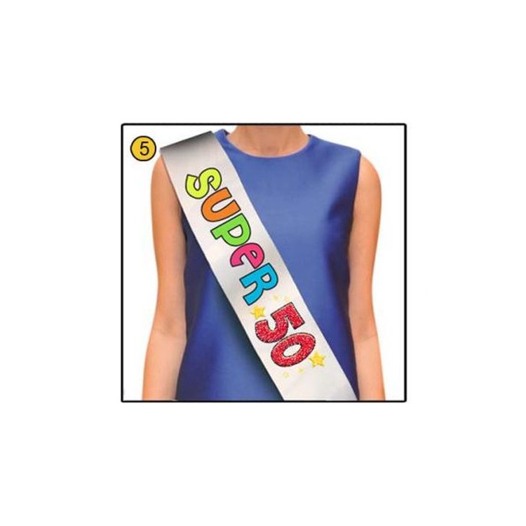 FASCIA FLUO GLITTER del " SUPER 50ENNE" per Compleanno - Lunghezza 96 cm x 11 cm larghezza - Unisex - fascia in poliestere - 1 