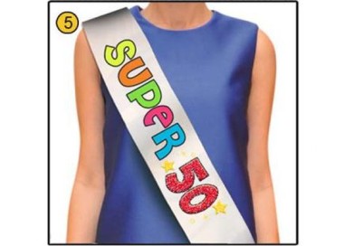 FASCIA FLUO GLITTER del " SUPER 50ENNE" per Compleanno - Lunghezza 96 cm x 11 cm larghezza - Unisex - fascia in poliestere - 1 