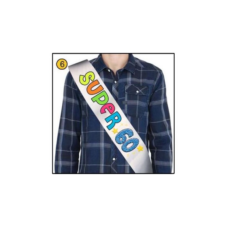 FASCIA FLUO GLITTER del " SUPER 60ENNE" per Compleanno - Lunghezza 96 cm x 11 cm larghezza - Unisex - fascia in poliestere - 1 