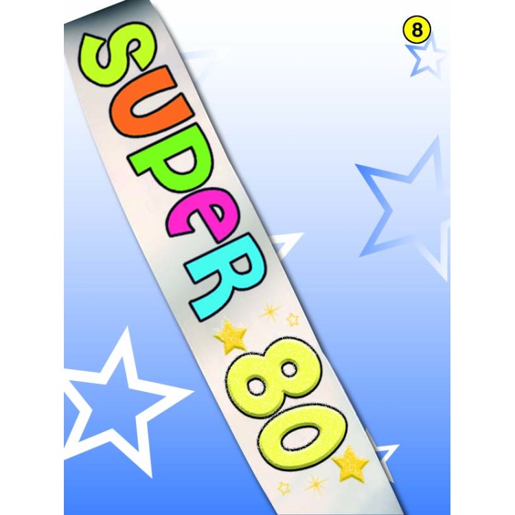 FASCIA FLUO GLITTER del " SUPER 80ENNE" per Compleanno - Lunghezza 96 cm x 11 cm larghezza - Unisex - fascia in poliestere - 1 