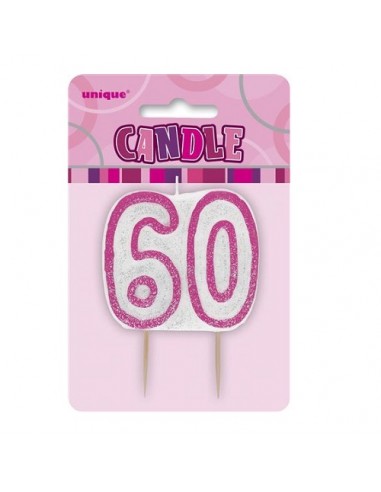 Candelina di cera  Sagomata 60 Anni di colore( Bianco e Fucsia )  con brillantini 6cm x 7cm  pz