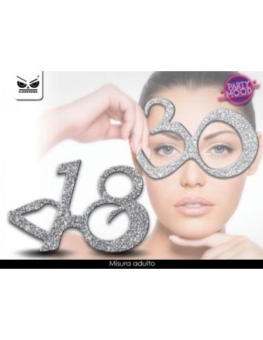 Occhiali Compleanno 18 Anni argentati  con glitter  - plastica - L 15 cm x H 10 cm - 1 pezzo