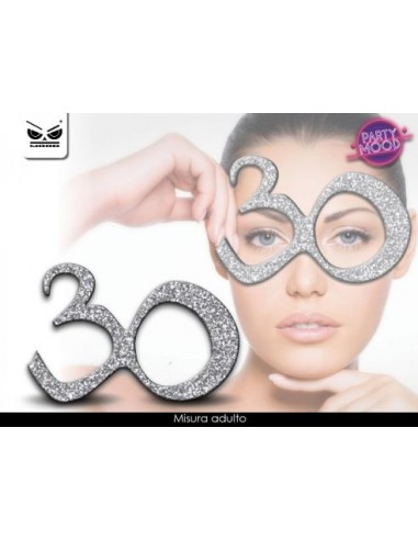 Occhiali Compleanno 30 Anni argentati  con glitter  - plastica - L 15 cm x H 10 cm - 1 pezzo