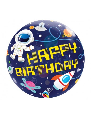 Palloncino Happy Birthday tema spaziale  Bubbles Qualatex (Nuovo) - 22/ 56 cm - 1 pezzo