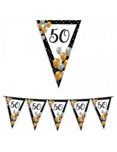 Bandierine  Compleanno 50 anni  nero bianco oro e argento- L 6 metri / 20 cm x 26 cm H - 1 pz