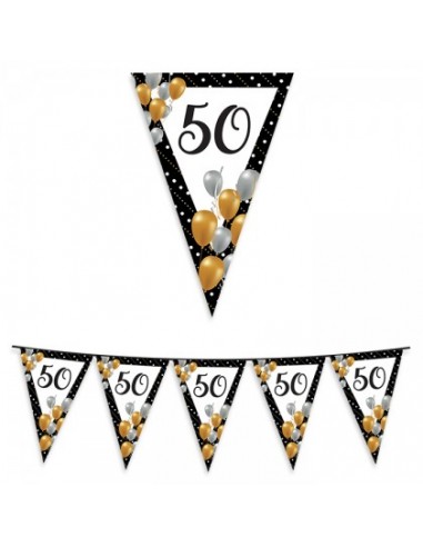 Bandierine  Compleanno 50 anni  nero bianco oro e argento- L 6 metri / 20 cm x 26 cm H - 1 pz